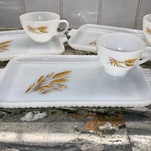 3 SETS 1960’s 🌾 Fire King Golden Wheat Snack Trays with Cups